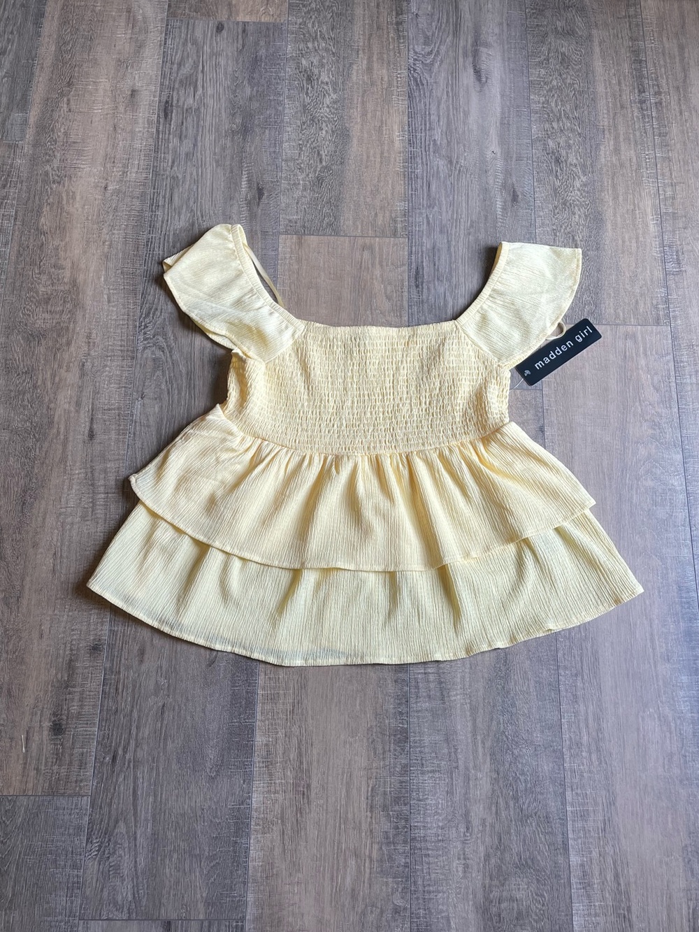 NEW Madden Girl Pale Yellow Smocked Ruffle Tiered Peplum Top